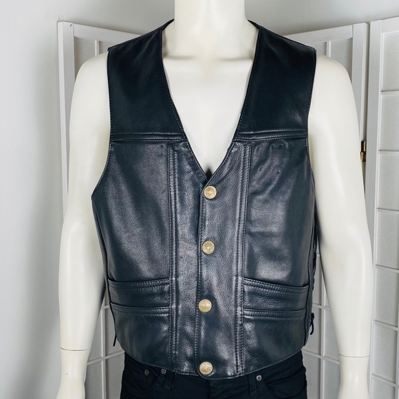 Vintage US Made Co.Harley Davidson Mens Leather Vest w/Buffalo Coin Buttons, XL. - Picture 5 of 5